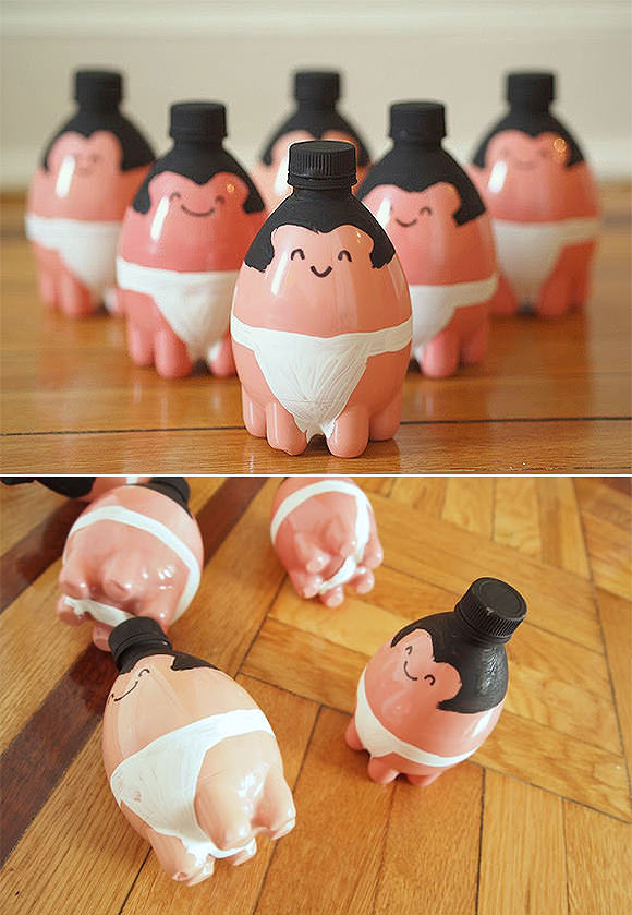DIY Tiny Sumo Wrestler Bowling Pins for Kids, made from recycled 